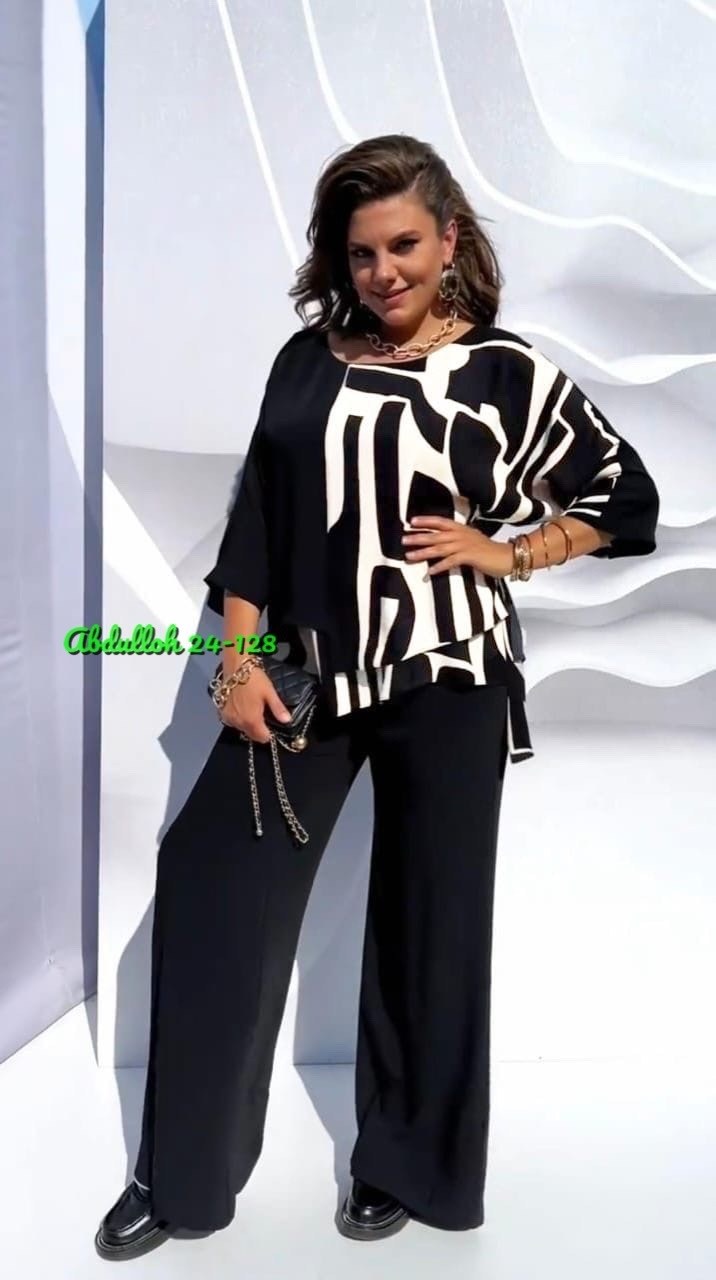 женский костюм двойка,черный демисезонный костюм oversize с блузой и широкими брюками vittoria queen 20323,комплект брючный vittoria queen,брючный комплект,брючный костюм