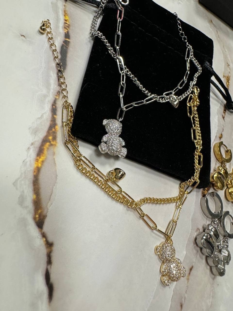 подвеска мишка,подвеска двойная с мишками,ожерелье с подвесками,тоус ювелирные украшения мишки,цепочки