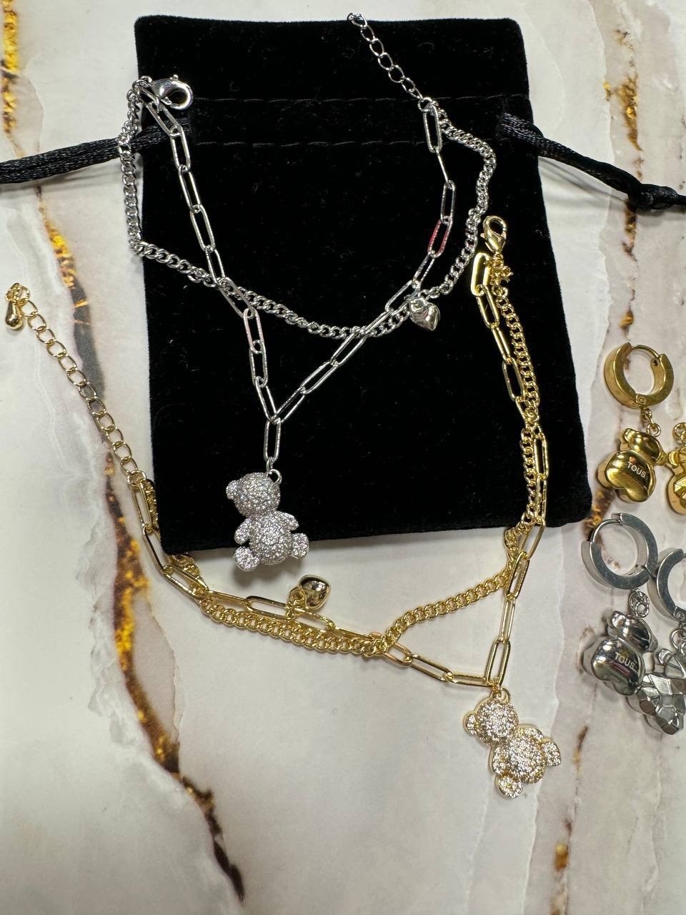 подвеска мишка,подвеска двойная с мишками,ожерелье с подвесками,тоус ювелирные украшения мишки,цепочки