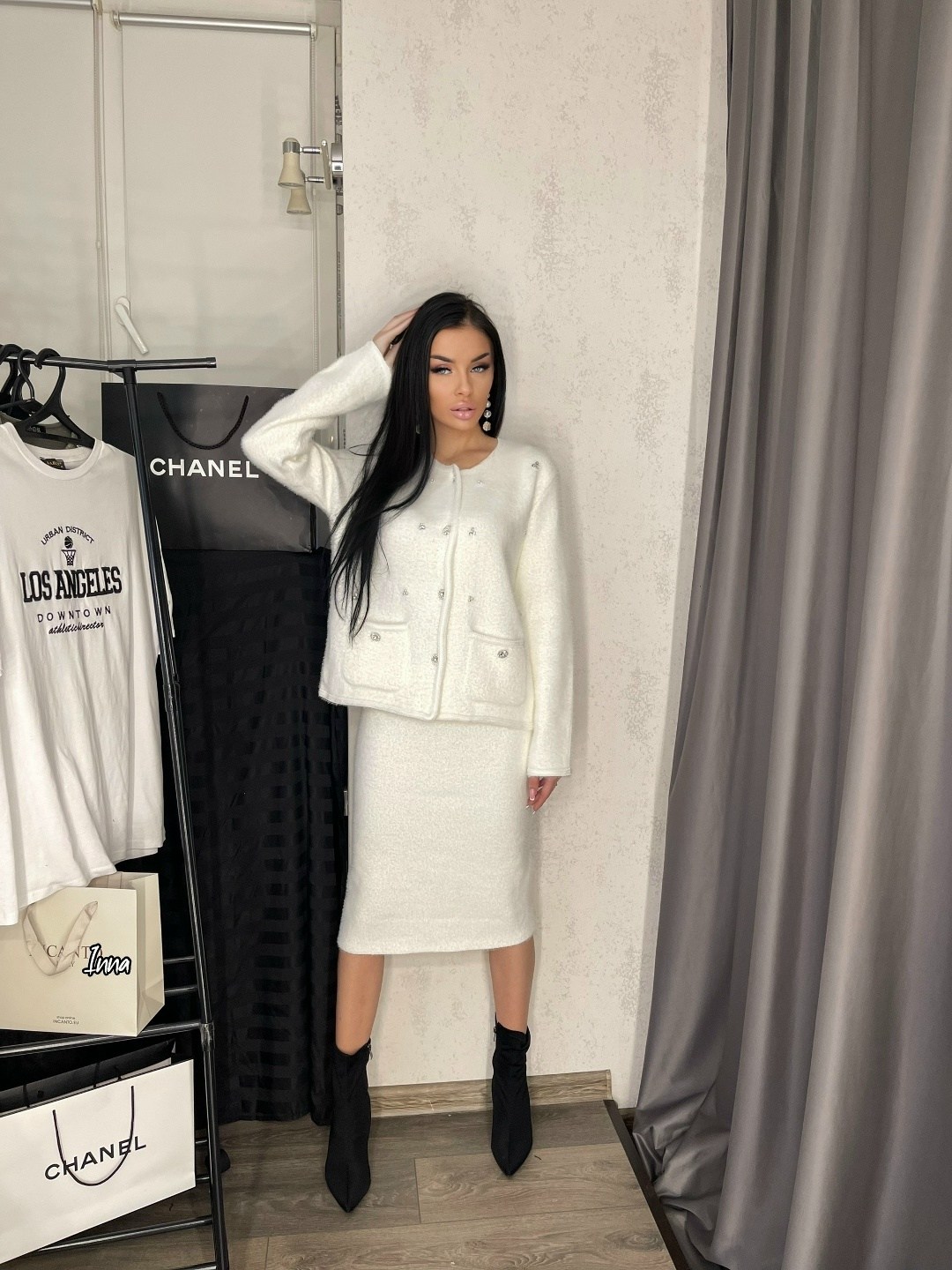 твидовый костюм,костюм женский,костюм твидовый с юбкой beglow,костюм твидовый с юбкой,костюм твидовый с юбкой beglow цвет черный