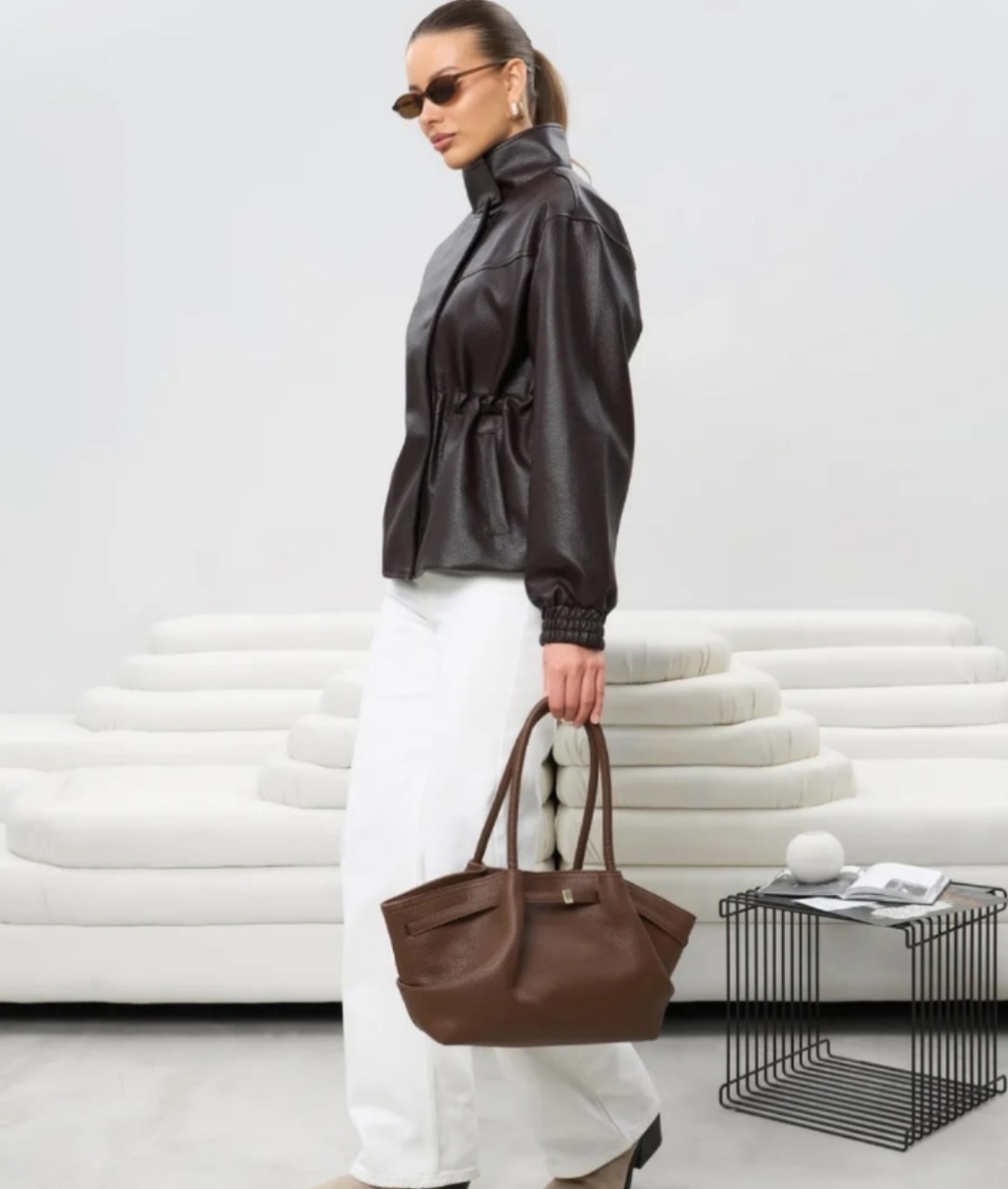 куртка кожаная,куртка бомбер,женская кожаная куртка,женская куртка из искусственной кожи,куртка-бомбер свободного кроя topshop из искусственной кожи коричневого цвета