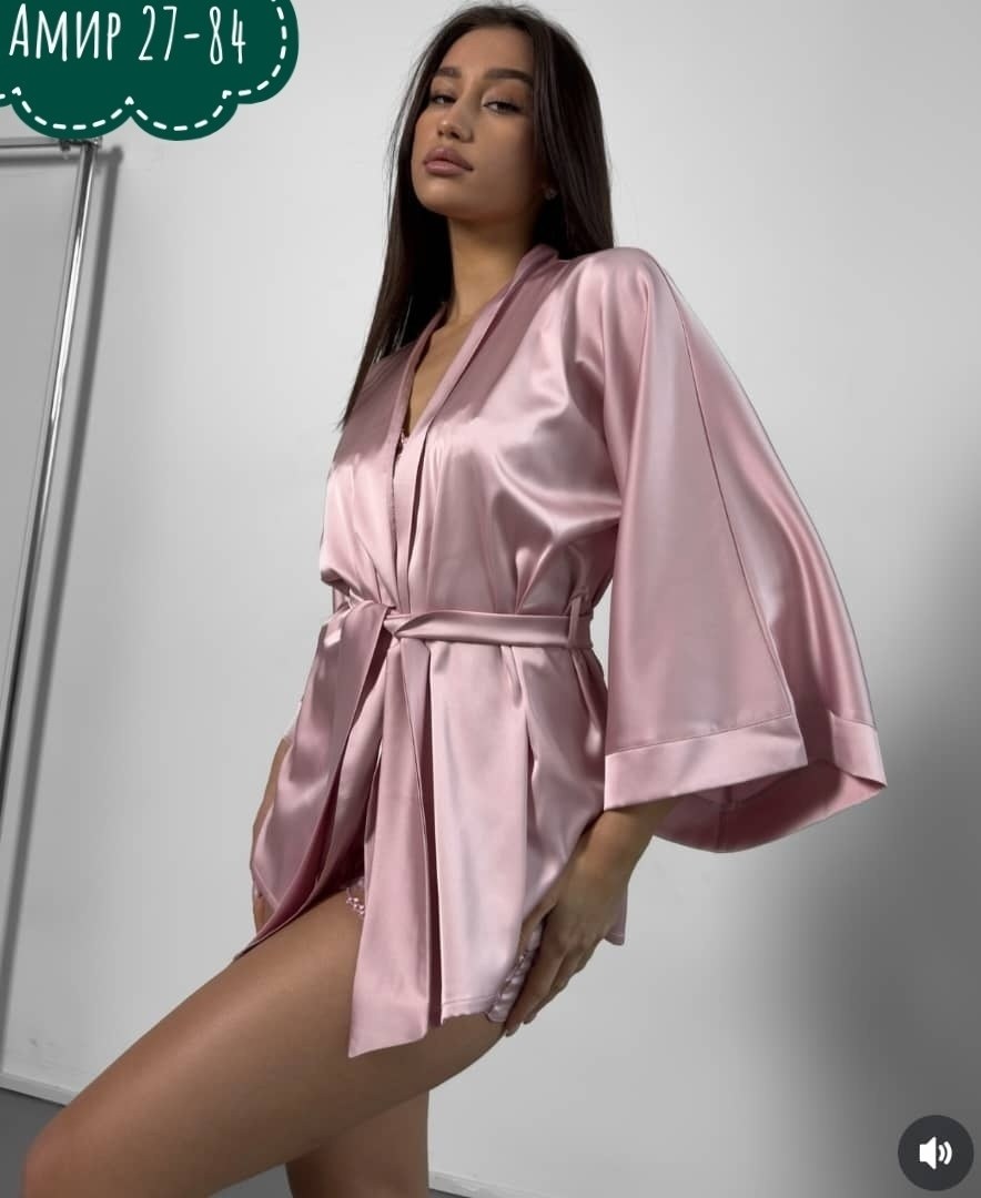 женский шелковый пижамный комплект,пеньюар,халат пеньюар,халат женский,атласный халат