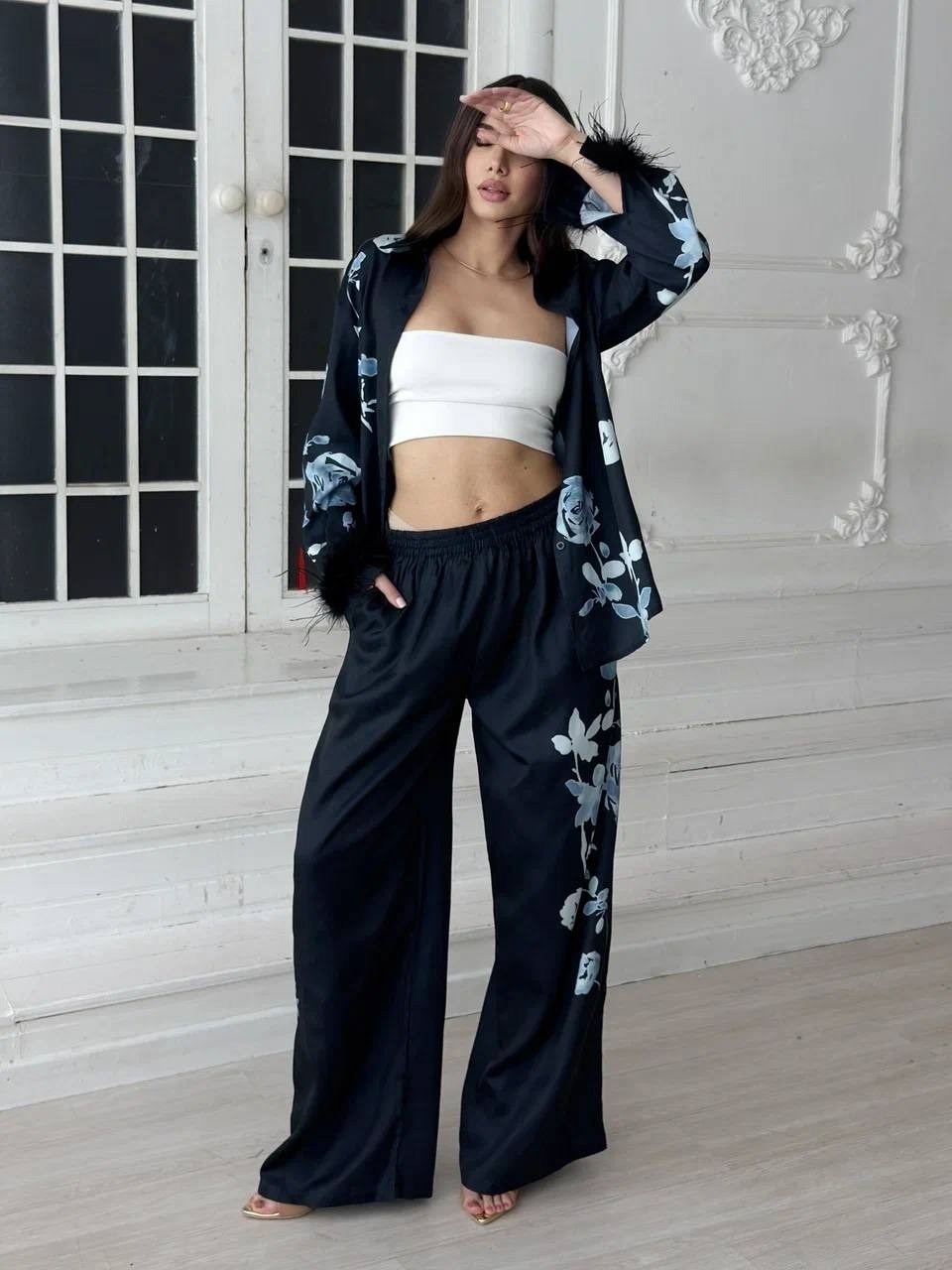 женский брючный костюм,шелковый брючный костюм,шелковый брючный костюм вечерний,костюм в пижамном стиле,шелковый костюм