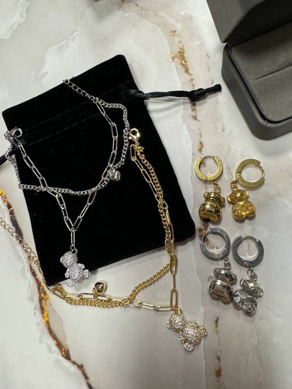 подвеска мишка,подвеска двойная с мишками,ожерелье с подвесками,тоус ювелирные украшения мишки,цепочки