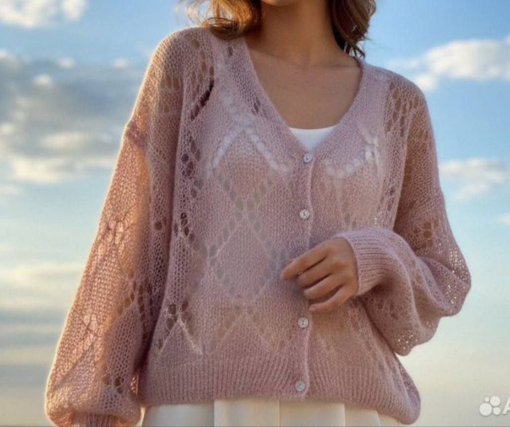 женский ажурный мохеровый кардиган,вязаный кардиган,ажурный кардиган,ажурный кардиган спицами,вязаный жакет