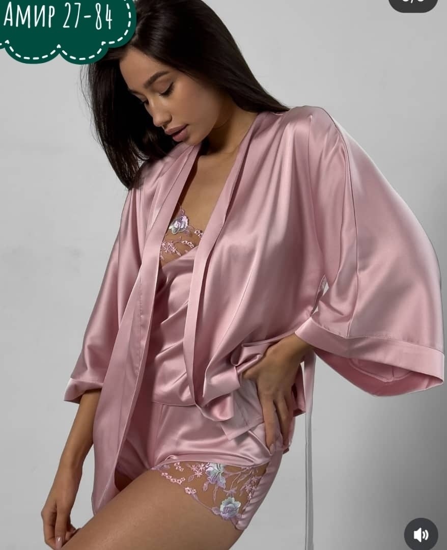 женский шелковый пижамный комплект,пеньюар,халат пеньюар,халат женский,атласный халат