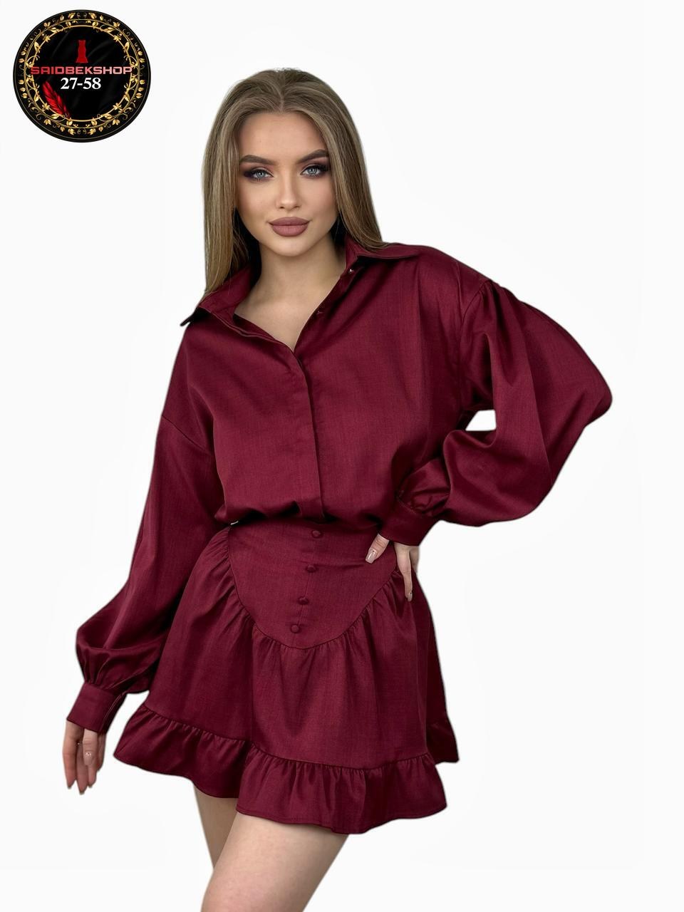 костюм двойка блузка рубашка с юбкой esiya 346804510,костюм женский двойка: рубашка и юбка с воланами марсала,костюм двойка блузка рубашка с юбкой esiya цвет бордовый,женские костюмы с юбкой,костюм с