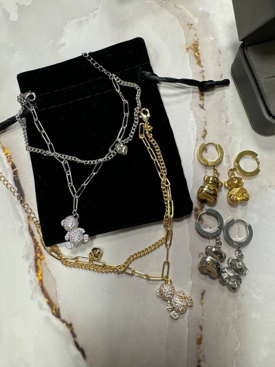 подвеска мишка,подвеска двойная с мишками,ожерелье с подвесками,тоус ювелирные украшения мишки,цепочки