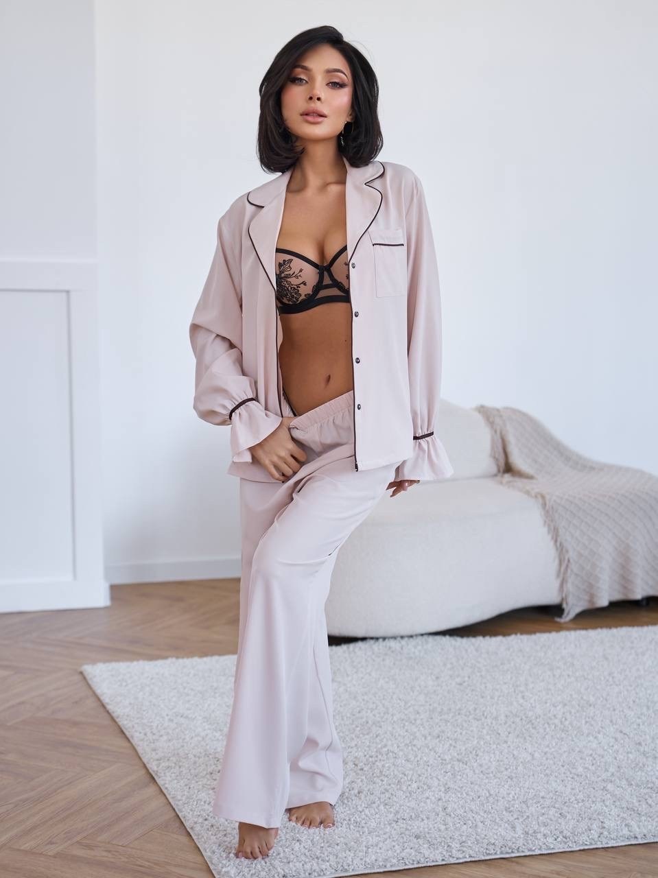 шелковая пижама с брюками и рубашкой latona sleep,пижама женская,комплект пижама,пижама шелковая,женская пижама с брюками