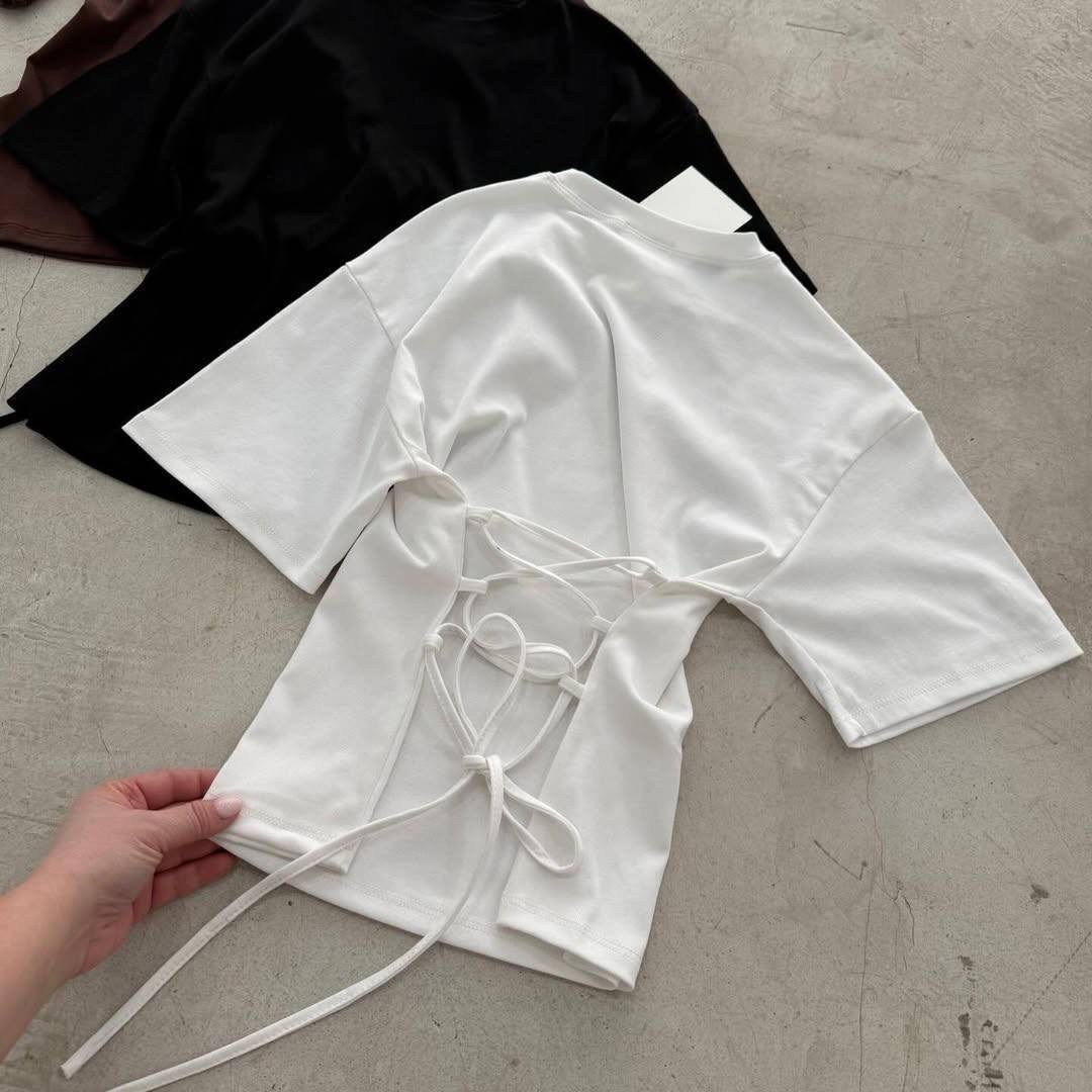 футболка с завязками,футболки женская,футболки с коротким рукавом,топы модные,укороченная футболка