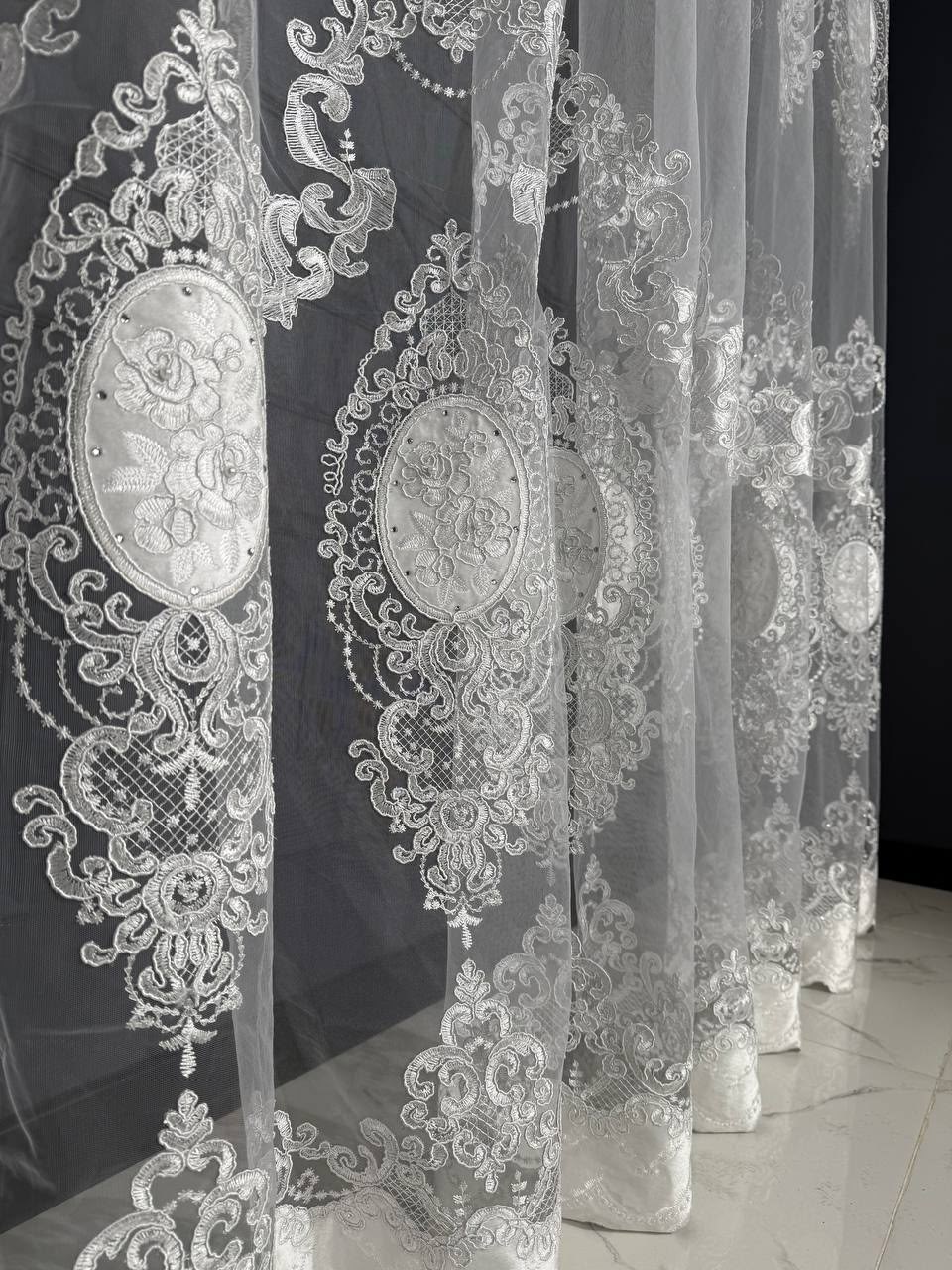 тюль с вышивкой,тюль сетка-вышивка белый 300 x 270 см,тюль со стразами,тюль,тюль-сетка с вышивкой