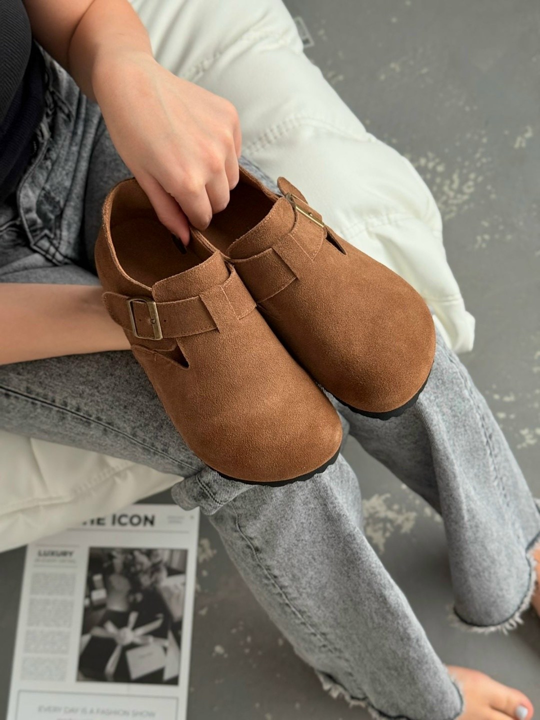 ,сабо замшевые закрытые биркинштоки birkenstock,женская ,туфли на плоской подошве, на плоской подошве