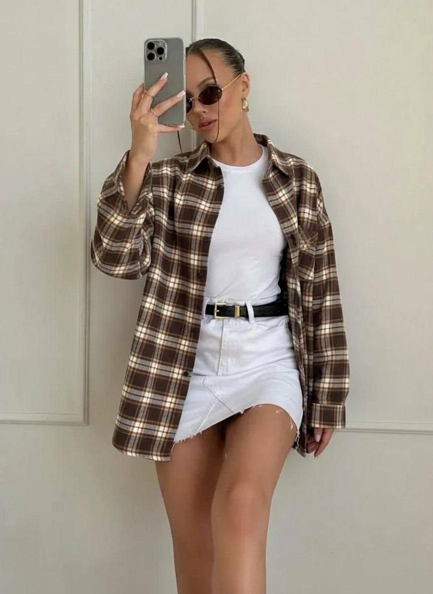 рубашка коричневая в клетку оверсайз удлиненная arsshopp,женская рубашка в клетку,рубашка в клетку оверсайз женская,рубашка клетка,клетчатая рубашка