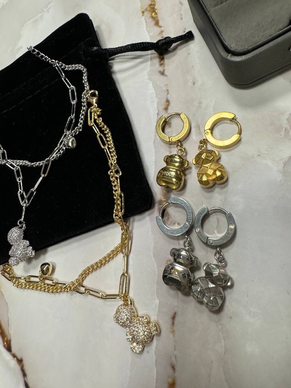 подвеска мишка,подвеска двойная с мишками,ожерелье с подвесками,тоус ювелирные украшения мишки,цепочки