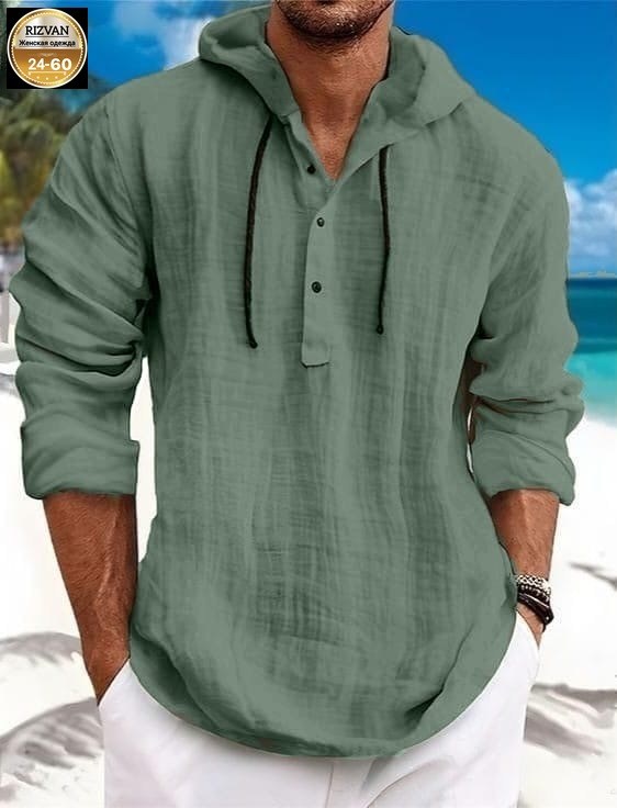 рубашка пляжная с капюшоном,льняная рубашка летняя,рубашка мужская с капюшоном,рубашка льняная мужская,рубашка с капюшоном