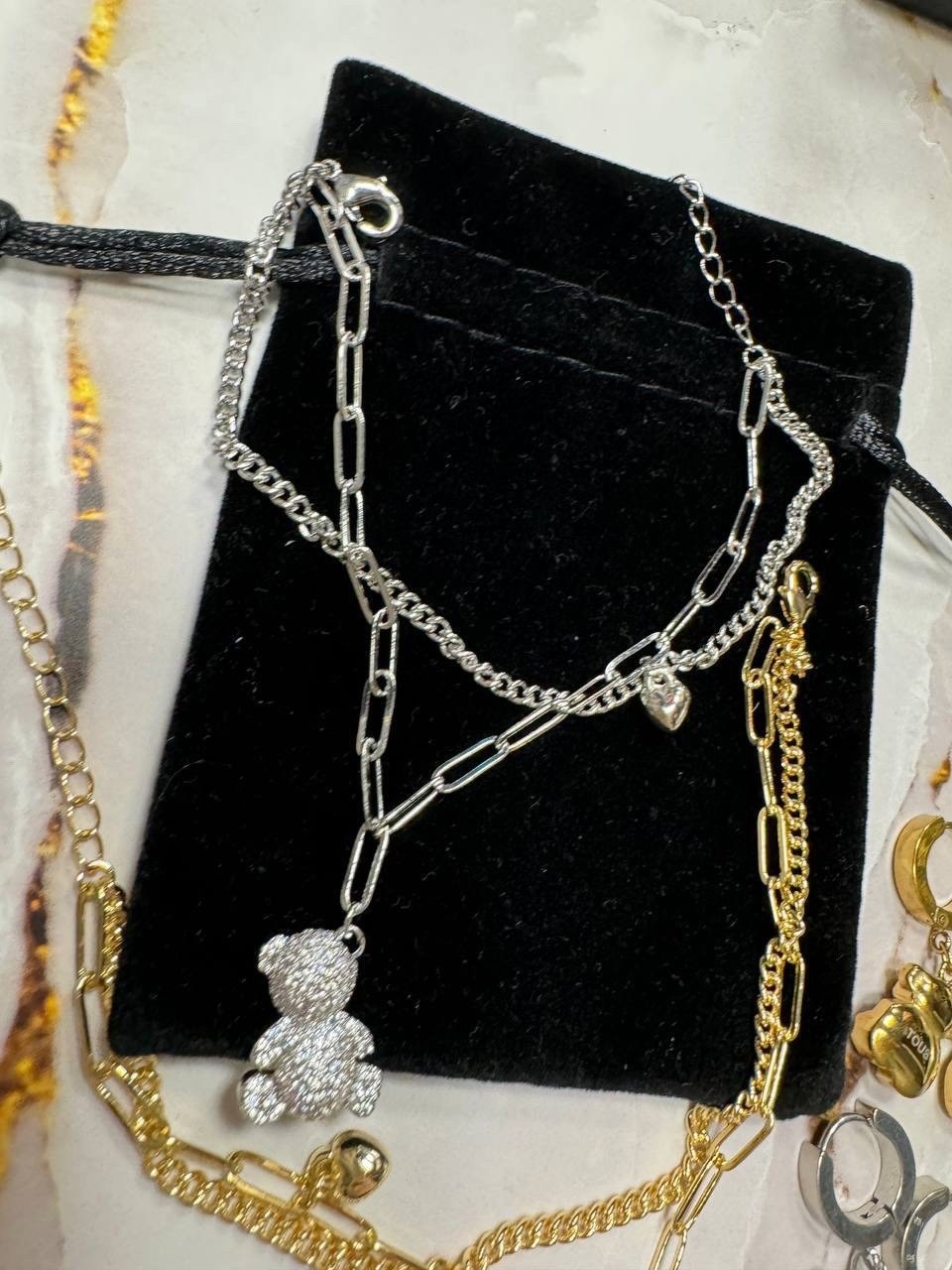 подвеска мишка,подвеска двойная с мишками,ожерелье с подвесками,тоус ювелирные украшения мишки,цепочки