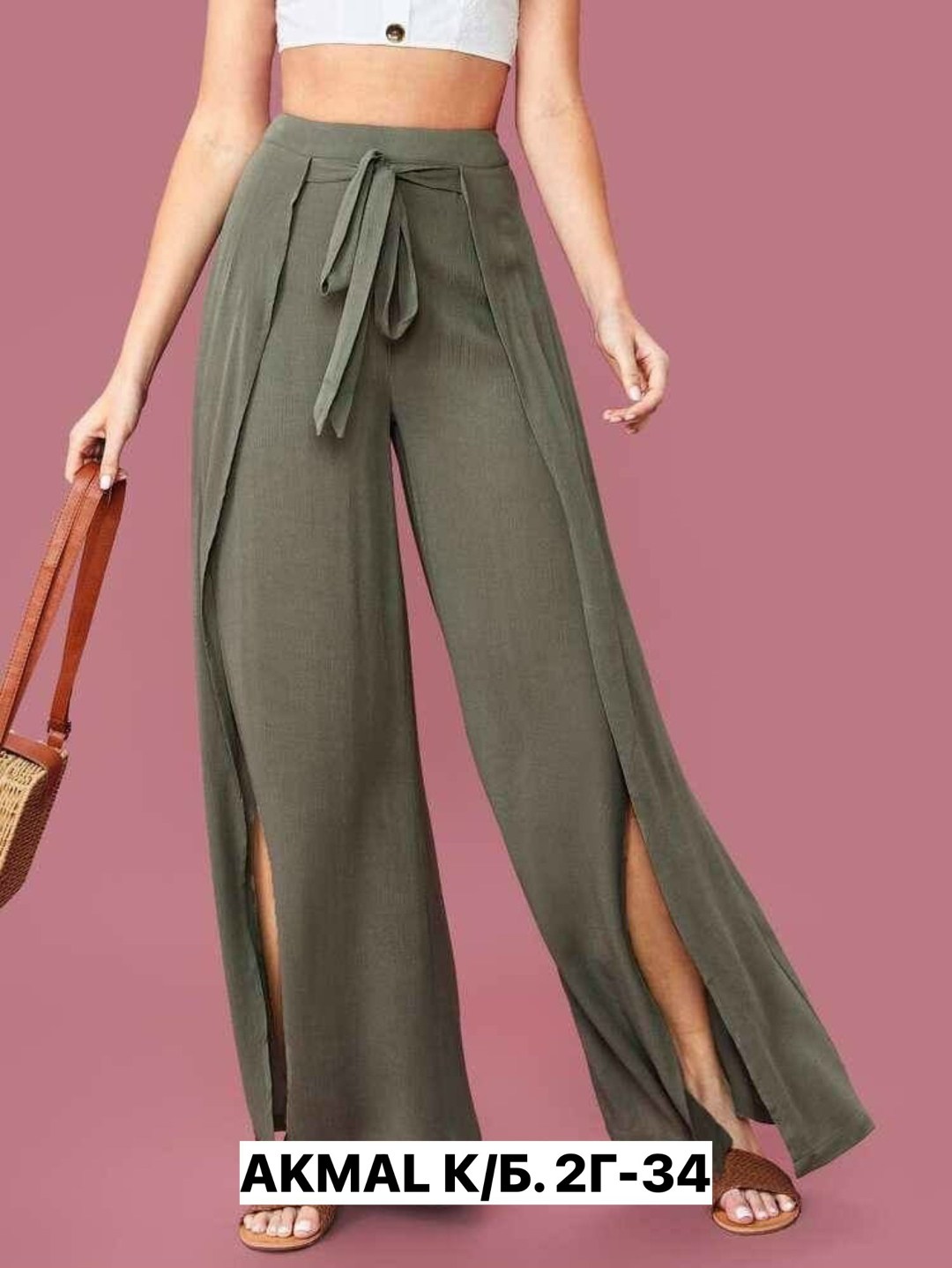 брюки с широкими штанинами с присборенной талией с высоким разрезом,женские широкие брюки,брюки с широкими штанинами с присборенной талией с узлом с высоким разрезом,женские летние брюки с разрезами,б
