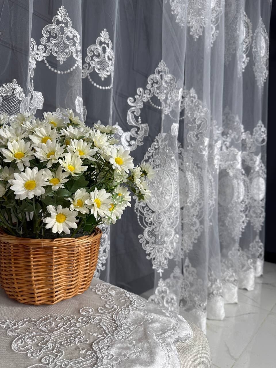 тюль с вышивкой,тюль сетка-вышивка белый 300 x 270 см,тюль со стразами,тюль,тюль-сетка с вышивкой