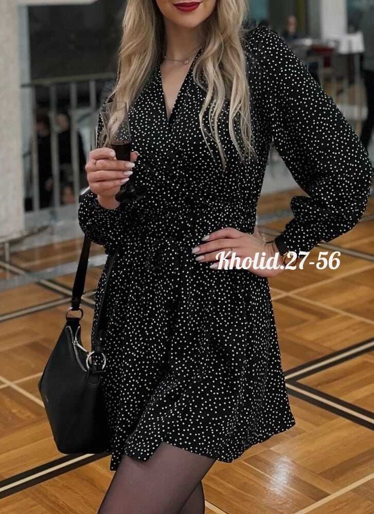 платье женское черное длинное вискозное с поясом горох,женское платье,платье идеальное,платье,платье с поясом