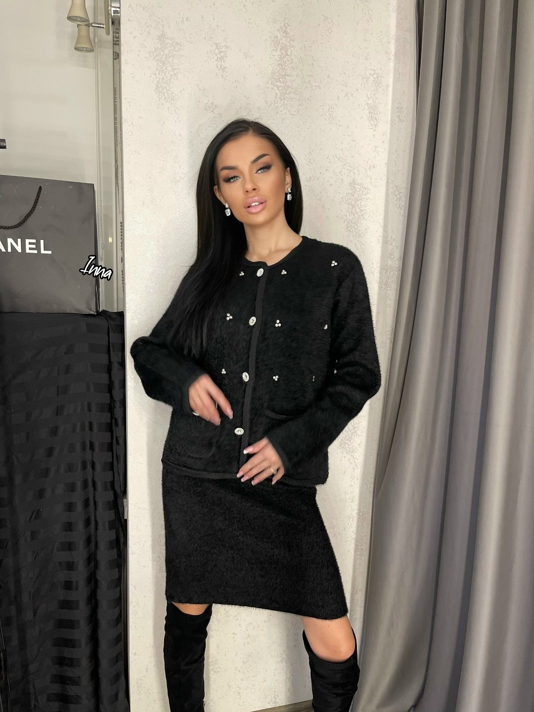 твидовый костюм,костюм женский,костюм твидовый с юбкой beglow,костюм твидовый с юбкой,костюм твидовый с юбкой beglow цвет черный