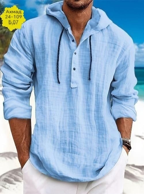 рубашка льняная мужская,рубашка мужская с капюшоном,мужская повседневная рубашка,рубашка для мужчин,рубашка с капюшоном