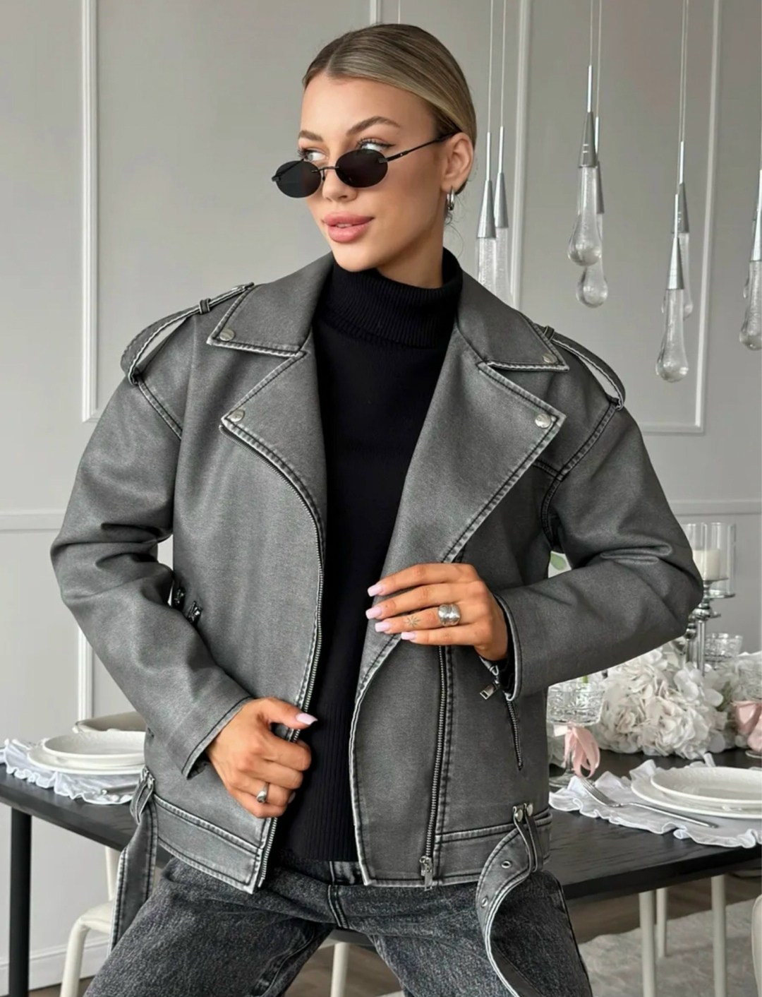 косуха винтажная куртка кожаная oversize серая monyken,косуха куртка,серая косуха оверсайз,женская кожаная куртка косуха оверсайз,косуха оверсайз демисезонная c&h style