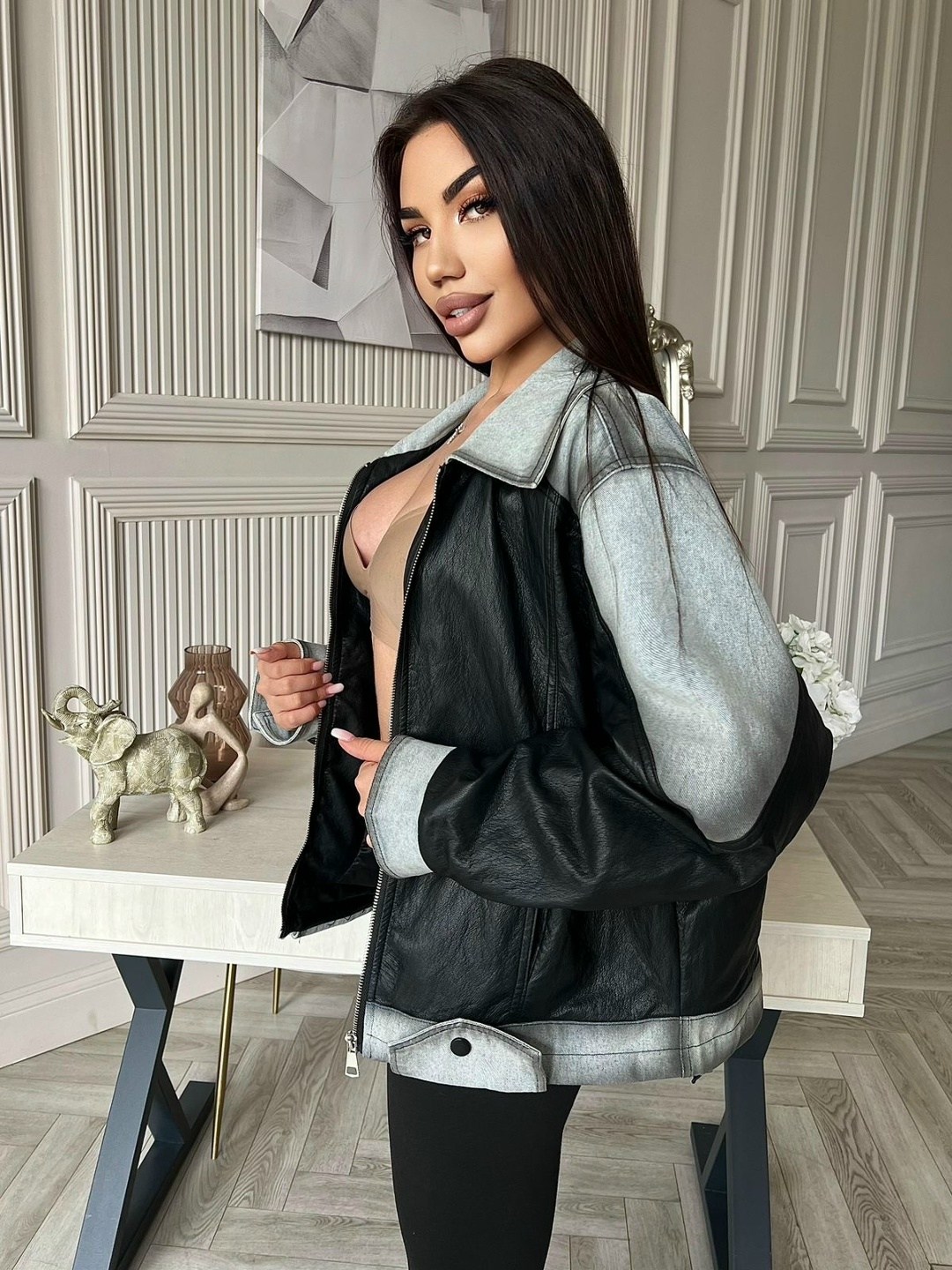 куртка из мягкой экокожи,стильная куртка,куртка женская,комбинированная куртка,куртка