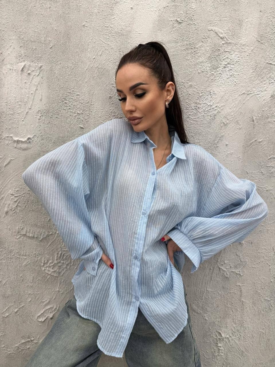 хлопковая рубашка в полоску оверсайз gu ma,женская рубашка,рубашка оверсайз в полоску,женская хлопковая объемная голубая рубашка оверсайз в полоску,рубашка легкая