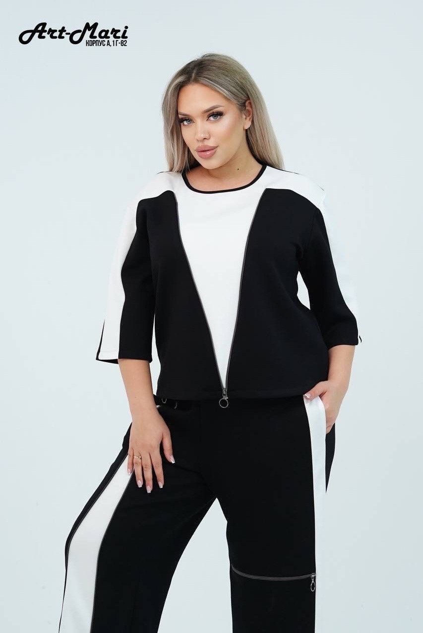 брючный костюм andina 972 черный/белый двойка,женский брючный костюм,женский костюм,черный брючный костюм с туникой и контрастными вставками,женский костюм классический стиль брючный костюм