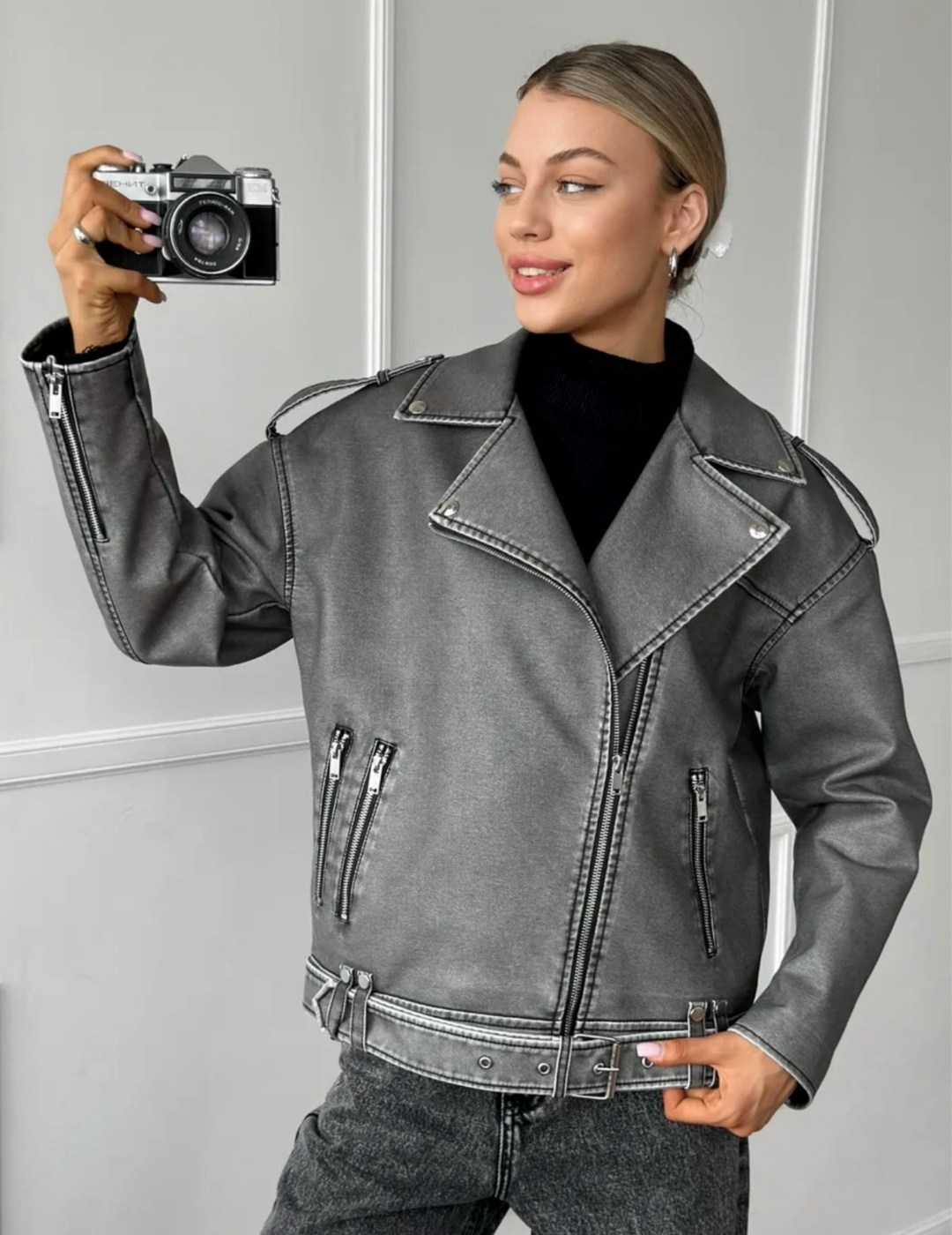 косуха винтажная куртка кожаная oversize серая monyken,косуха куртка,серая косуха оверсайз,женская кожаная куртка косуха оверсайз,косуха оверсайз демисезонная c&h style