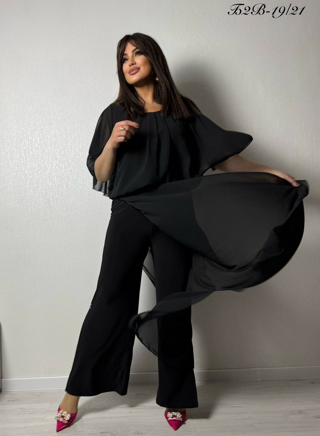 костюм брючный двойка с накидкой kr 272941977,костюм брючный двойка с накидкой kr цвет черный,костюм из шифона брючный,костюм брючный шифоновый,костюм брючный двойка с накидкой kr