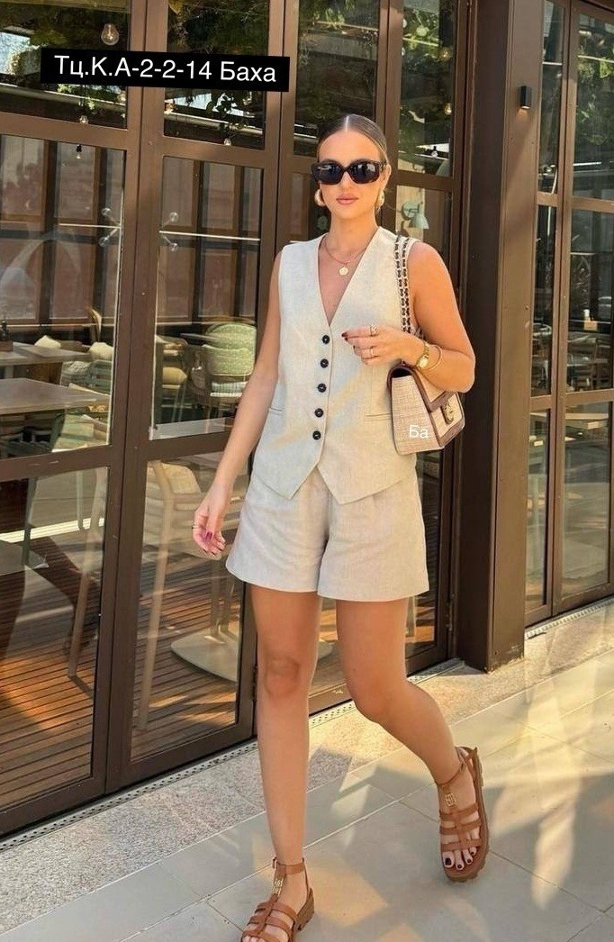 костюм двойка женский с шортами,костюм с шортами и жилеткой,льняной костюм с шортами,женский льняной костюм с шортами,костюм с шортами из льна