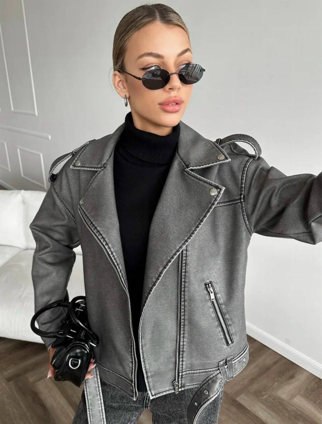 косуха винтажная куртка кожаная oversize серая monyken,косуха куртка,серая косуха оверсайз,женская кожаная куртка косуха оверсайз,косуха оверсайз демисезонная c&h style