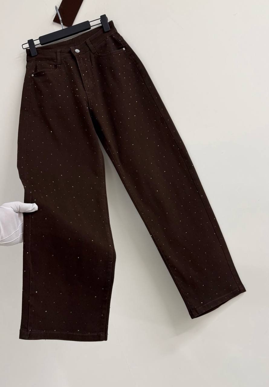 джинсы со стразами,джинсы широкого кроя со стразами, коричневый,джинсы женские,женские джинсы со стразами,джинсы с блестками