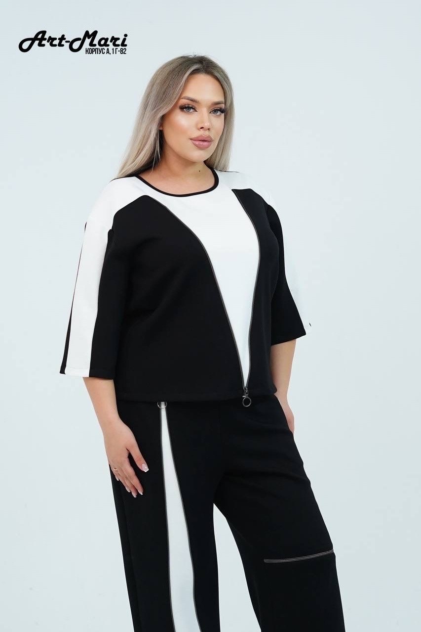 брючный костюм andina 972 черный/белый двойка,женский брючный костюм,женский костюм,черный брючный костюм с туникой и контрастными вставками,женский костюм классический стиль брючный костюм