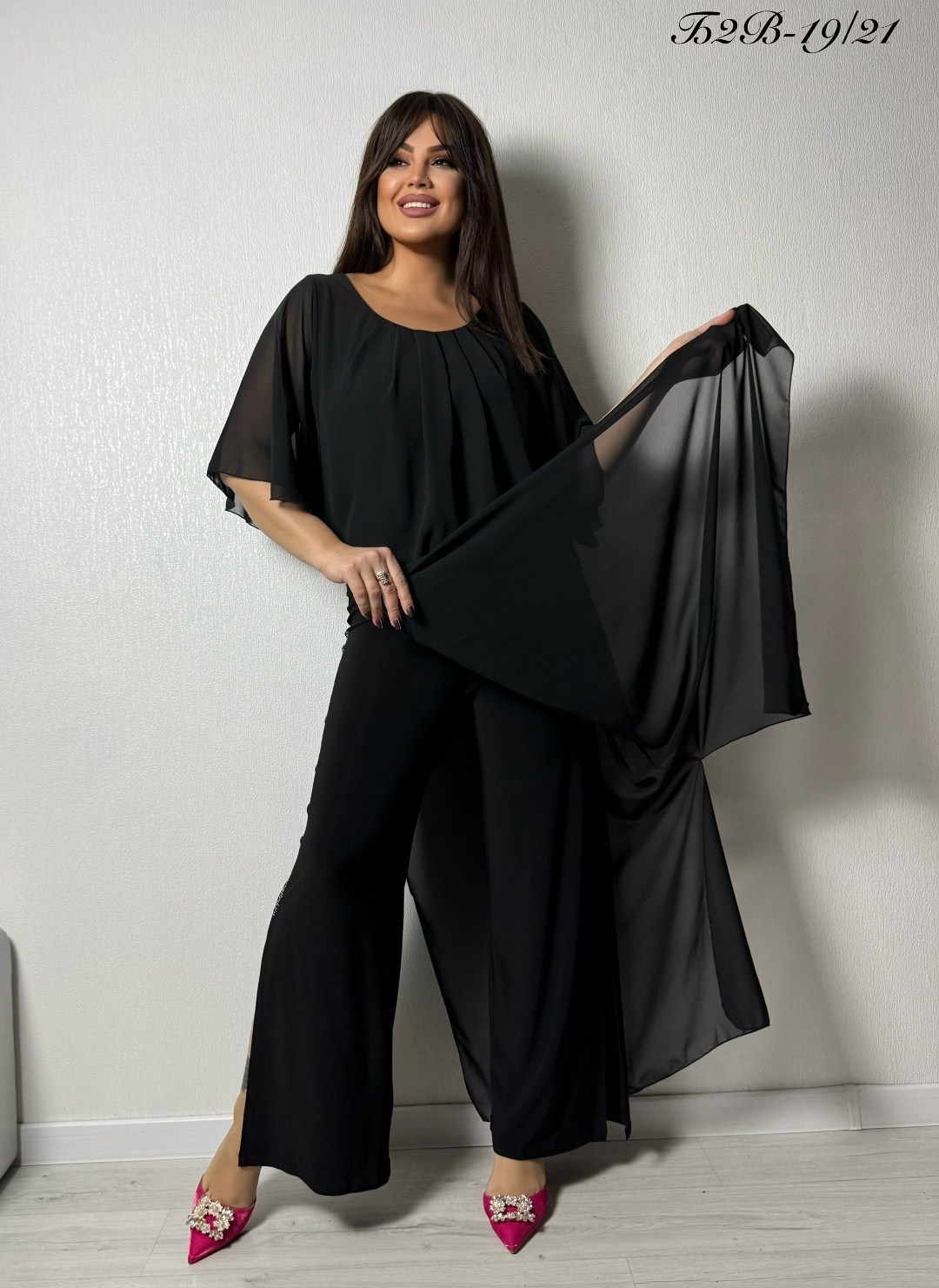 костюм брючный двойка с накидкой kr 272941977,костюм брючный двойка с накидкой kr цвет черный,костюм из шифона брючный,костюм брючный шифоновый,костюм брючный двойка с накидкой kr