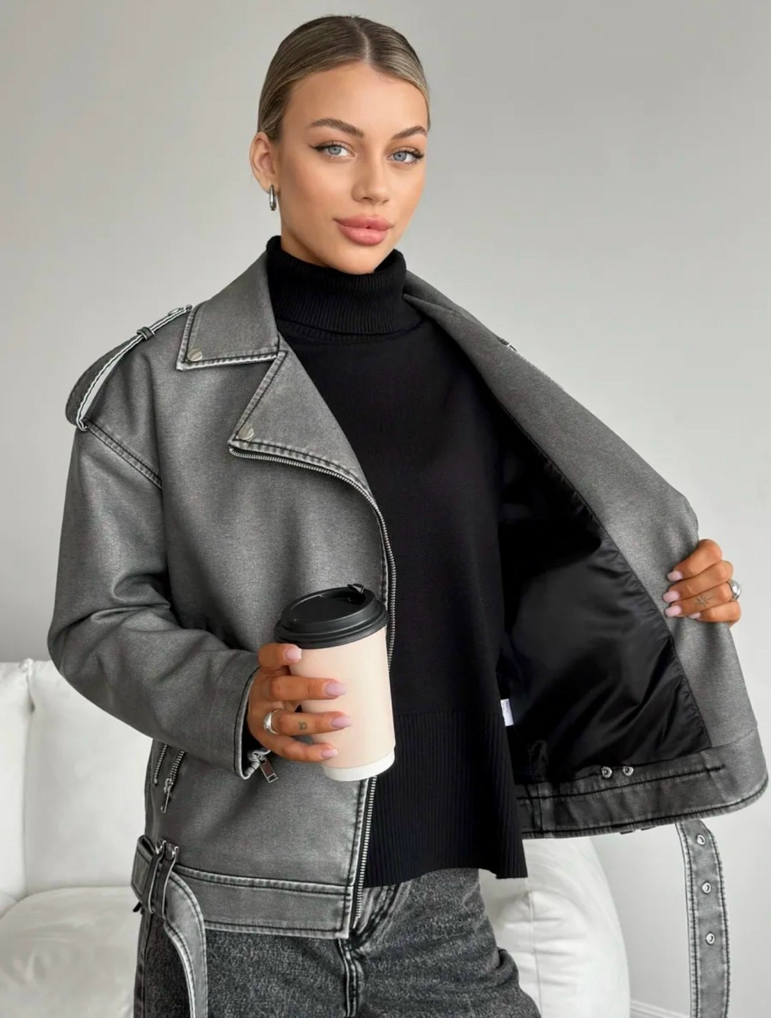 косуха винтажная куртка кожаная oversize серая monyken,косуха куртка,серая косуха оверсайз,женская кожаная куртка косуха оверсайз,косуха оверсайз демисезонная c&h style