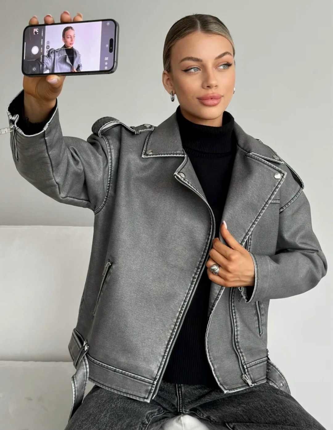 косуха винтажная куртка кожаная oversize серая monyken,косуха куртка,серая косуха оверсайз,женская кожаная куртка косуха оверсайз,косуха оверсайз демисезонная c&h style