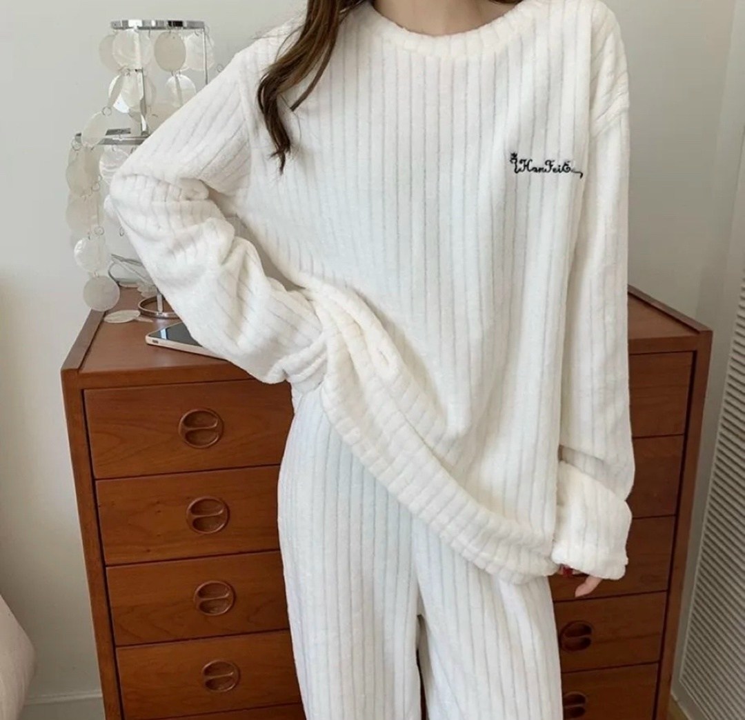 белая пижама,пижама домашний одежда,пижама женская комплект со штанами,пижама с длинными рукавами,пижама теплая со штанами