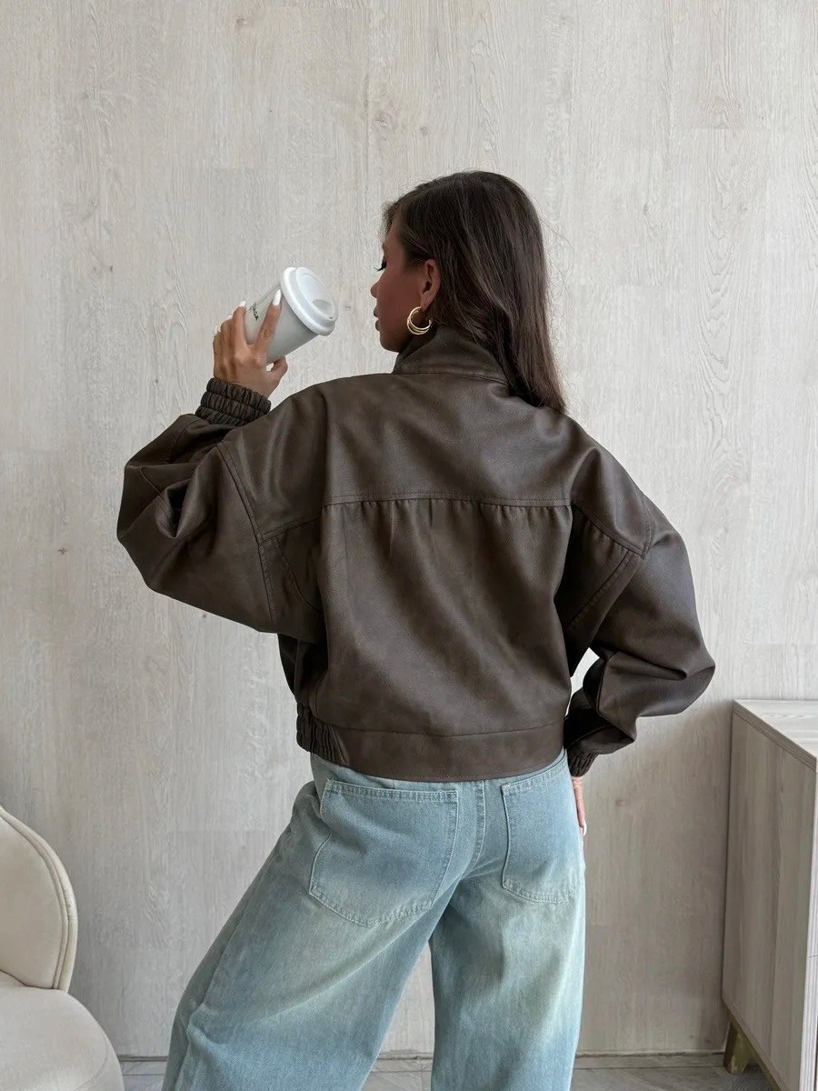 куртка бомбер оверсайз кожаная c&c fashion,куртка бомбер оверсайз кожаная c&c fashion цвет коричневый,куртка кожаная женская,кожаная куртка,куртка бомбер
