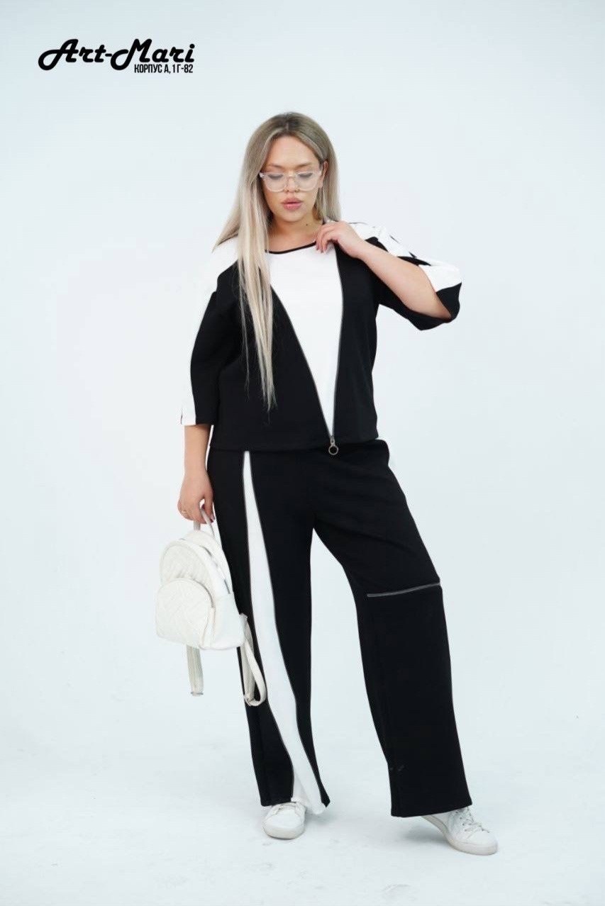 брючный костюм andina 972 черный/белый двойка,женский брючный костюм,женский костюм,черный брючный костюм с туникой и контрастными вставками,женский костюм классический стиль брючный костюм