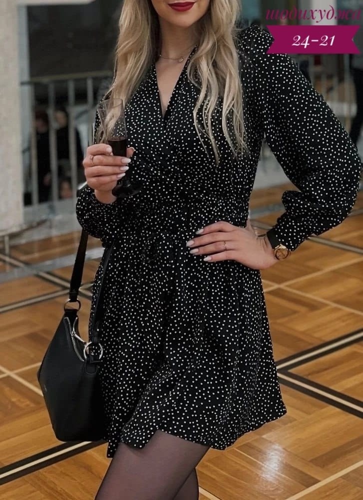 платье женское,платье,платье с поясом,платье стильное,платье черное в горох
