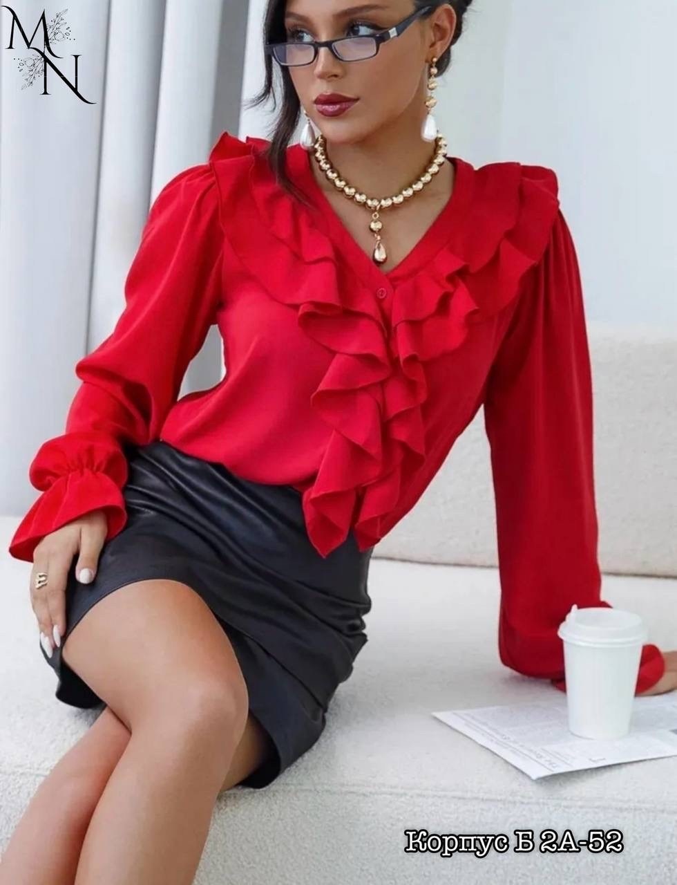 блуза vizavi 717 красный,элегантная блузка,блузка с оборками,женская блузка,женская элегантная блузка