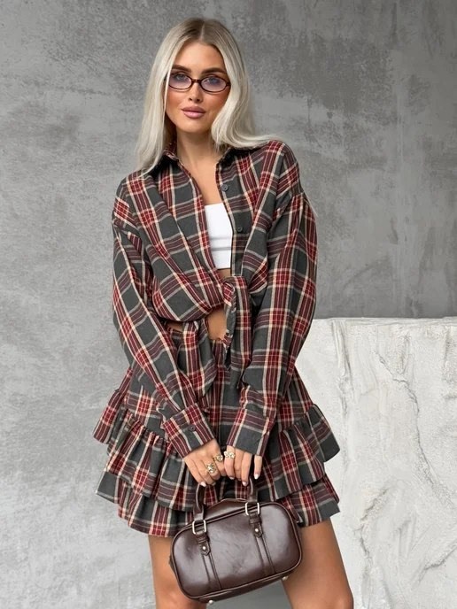 костюм двойка с юбкой и рубашкой в клетку btf brand,костюм юбка и рубашка в клетку,костюм с юбкой в клетку rashadi 332377750,костюм с юбкой и рубашкой,костюм с короткой юбкой и рубашкой в клетку moonc