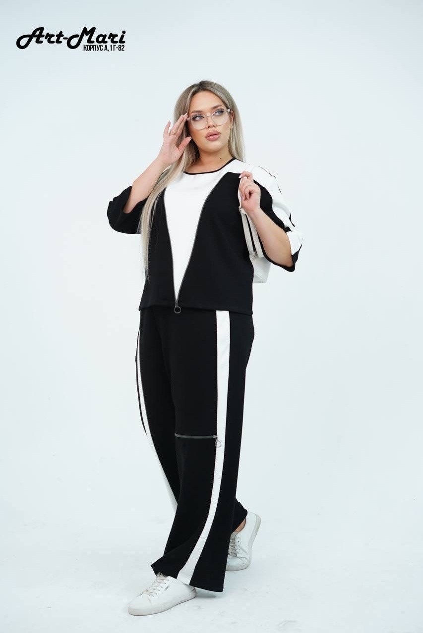 брючный костюм andina 972 черный/белый двойка,женский брючный костюм,женский костюм,черный брючный костюм с туникой и контрастными вставками,женский костюм классический стиль брючный костюм
