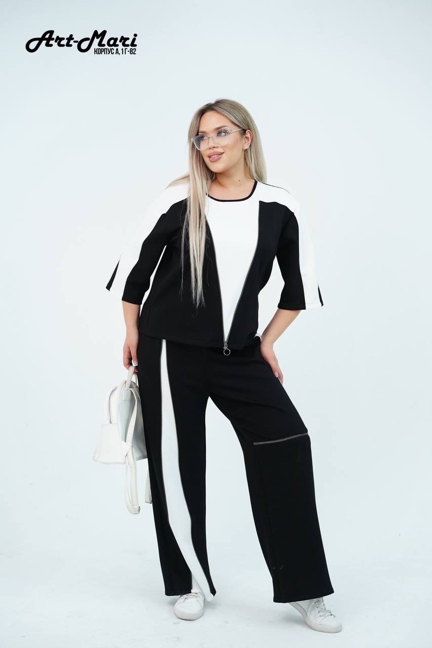 брючный костюм andina 972 черный/белый двойка,женский брючный костюм,женский костюм,черный брючный костюм с туникой и контрастными вставками,женский костюм классический стиль брючный костюм