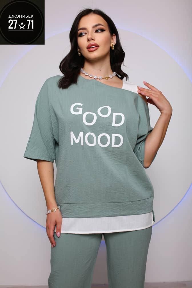 костюм женский,брючный комплект liona style 833 пепельно-зеленый,костюм из кулирки,костюм с брюками,комплект liona style 833 пепельно-зеленый