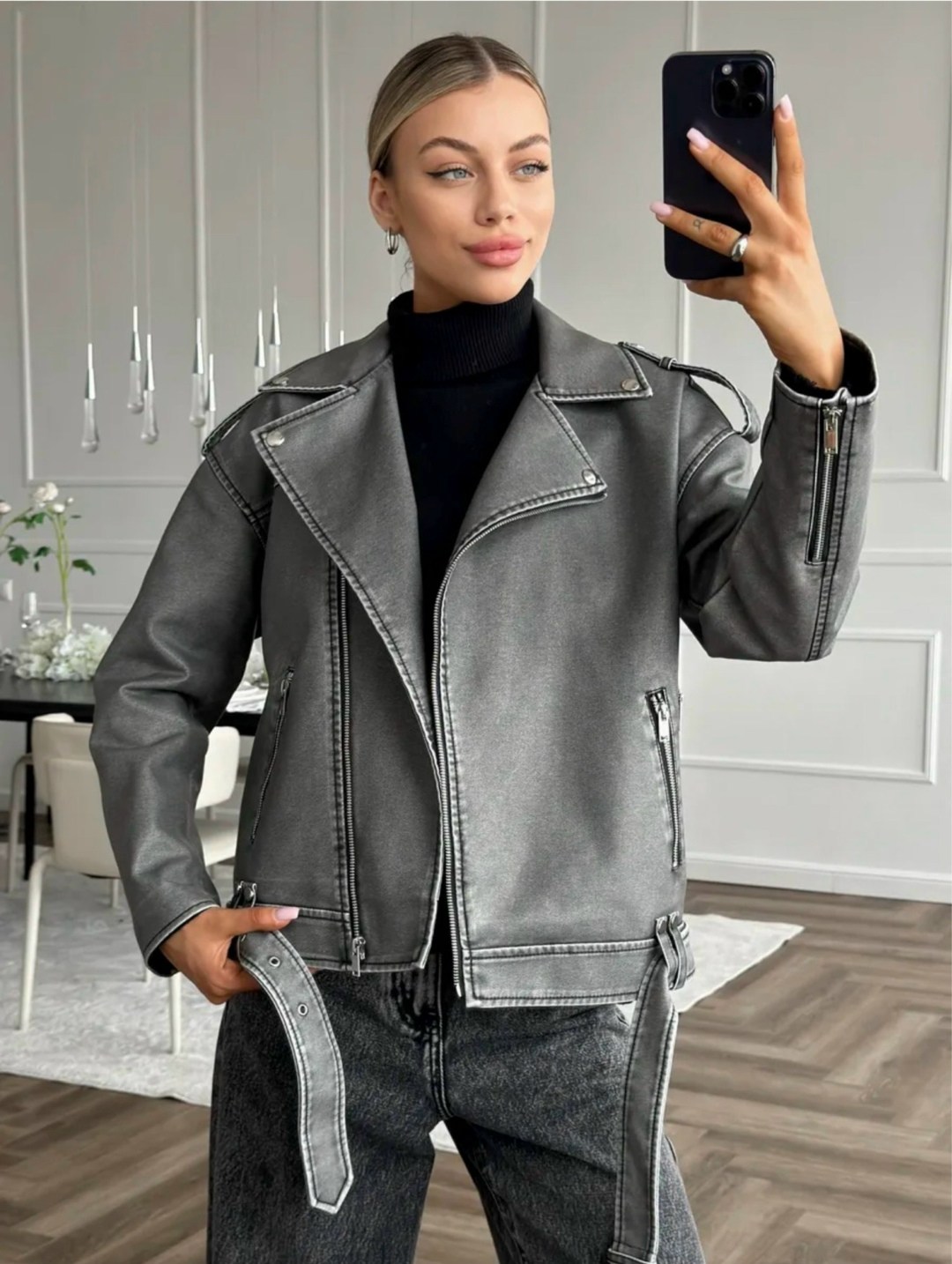 косуха винтажная куртка кожаная oversize серая monyken,косуха куртка,серая косуха оверсайз,женская кожаная куртка косуха оверсайз,косуха оверсайз демисезонная c&h style