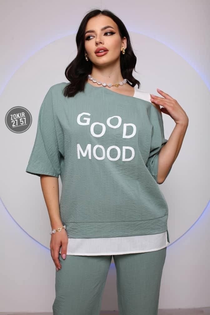 костюм женский,костюм из кулирки,костюм с брюками,костюм трикотажный,брючный комплект liona style 833 пепельно-зеленый