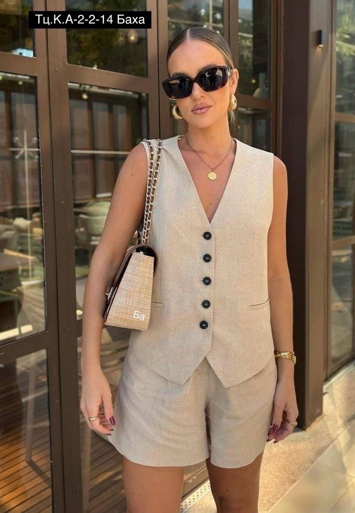 костюм двойка женский с шортами,костюм с шортами и жилеткой,льняной костюм с шортами,женский льняной костюм с шортами,костюм с шортами из льна